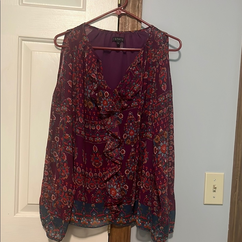 1. State Red Ruffled Blouse with Ruffled Sleeves
